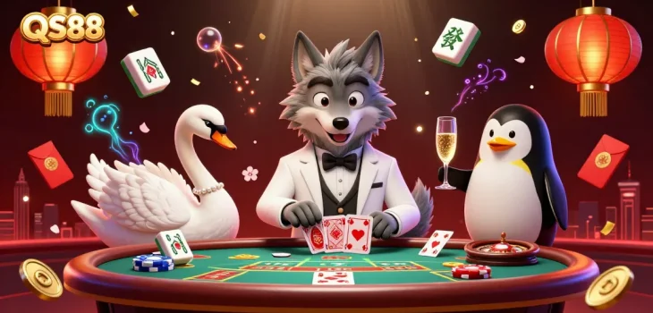 Engage with the competitive atmosphere of QS88's live casino featuring a debonair wolf and elegant swan.
