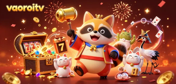 Experience winning entertainment at vaoroitv with cheerful characters among festive casino elements and treasures.