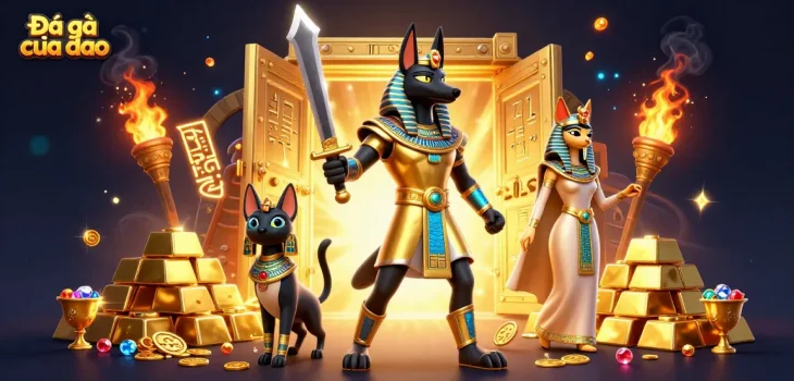 Bet on Đá gà cựa dao with ancient warriors amidst treasure in a vibrant 3D illustration.