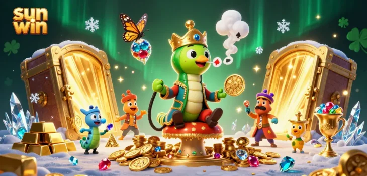 Experience the excitement of sun win with a vibrant 3D casino scene featuring a sultan caterpillar and treasure elements.