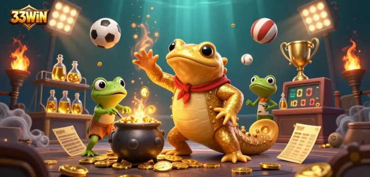 Bet on 33WIN with excitement illustrated by a dynamic 3D scene showcasing enchanting characters and gaming elements.