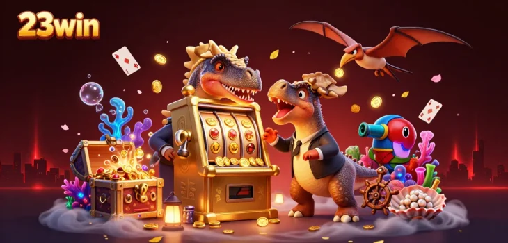 23win players enjoying a dynamic casino experience with thrilling jackpots and lively characters.