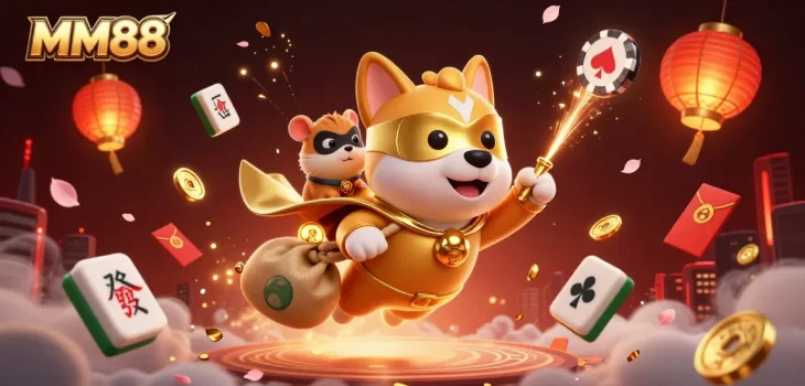 MM88 offers thrilling gaming experiences with a superhero dog carrying gold coins amidst a vibrant casino atmosphere.