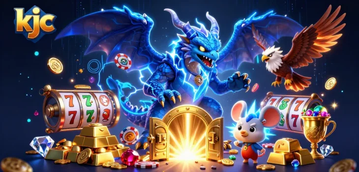 Spin to win at kjc with a thunder dragon, glowing hawk, and treasure vault bursting with riches!
