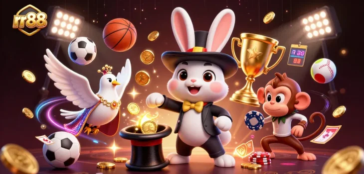 rr88 players win big with a magician rabbit, a dove, and a monkey in a dynamic casino scene