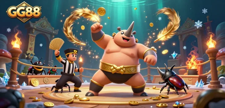Experience the thrill of GG88 with a lively sumo beetle championship scene filled with treasures.