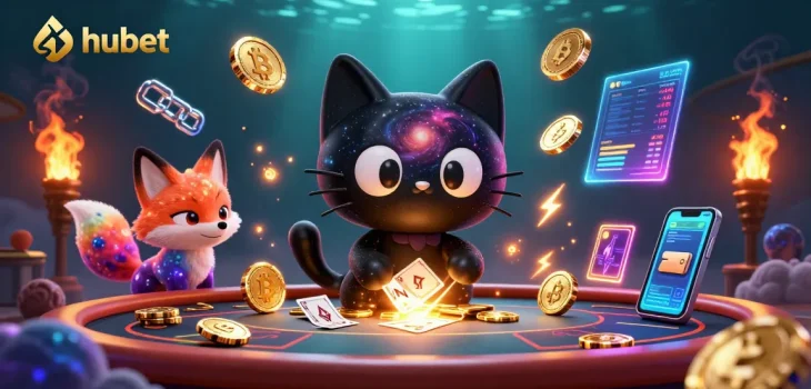 Experience thrilling wins at hubet with a cartoon cosmic casino illustration featuring unique gaming elements.