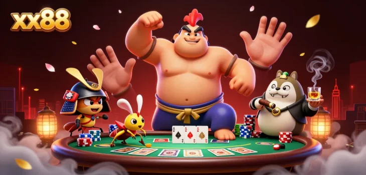 Engage with the dynamic action at xx88 featuring a powerful sumo rooster and fierce cricket in a vibrant poker setting.