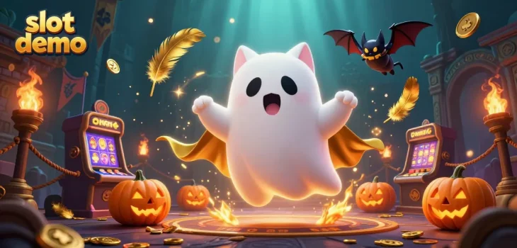 Slot demo yang menarik, menunjukkan kucing hantu berbenturan dengan mesin slot dan jack-o-lantern yang menyala.