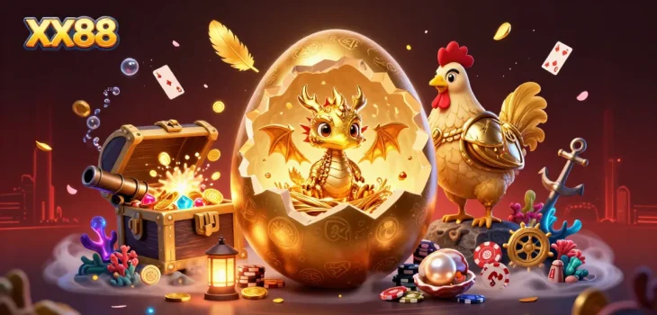 Experience exciting gaming at XX88 with a golden dragon guarding poker chips amidst treasure.