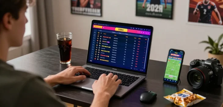 Engaged user placing bets on 22Bet with a modern setup showing live sports updates.