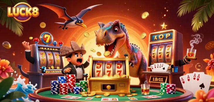 LUCK8 grants a thrilling jackpot experience with dynamic cartoon characters in a vibrant casino scene.