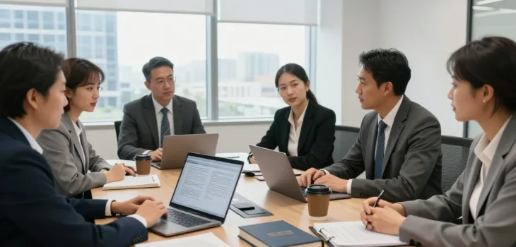 Legal consultation process at a recommended site with a diverse team discussing case strategies