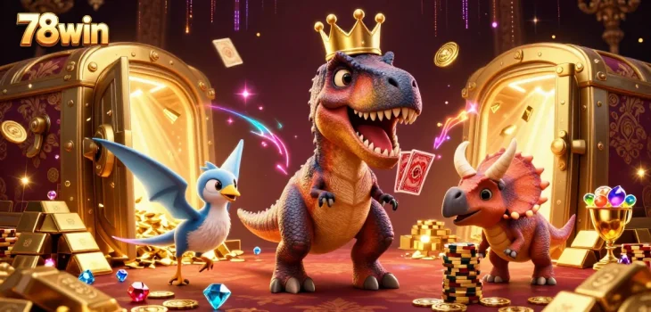 78win showcases a dynamic 3D casino scene with playful characters, sparkling treasures, and thrilling game elements.
